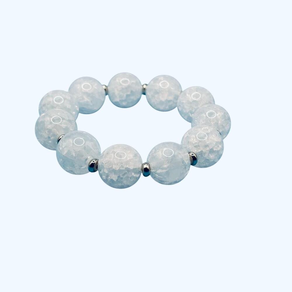 Icy White Crackle Beaded Stretch Bracelet Silver Tone‎ Spacers 7 Inch
